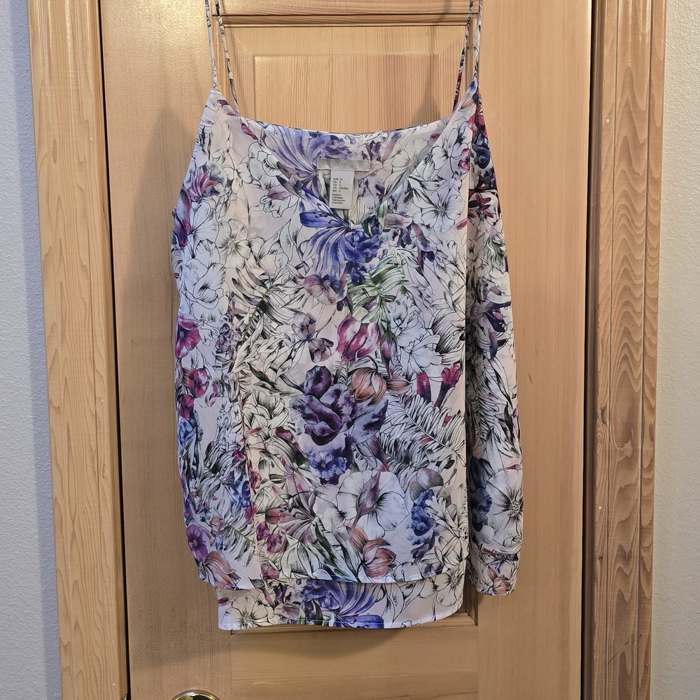 H&M Top Size 6 White/Purple Floral Spaghetti Strap Women's